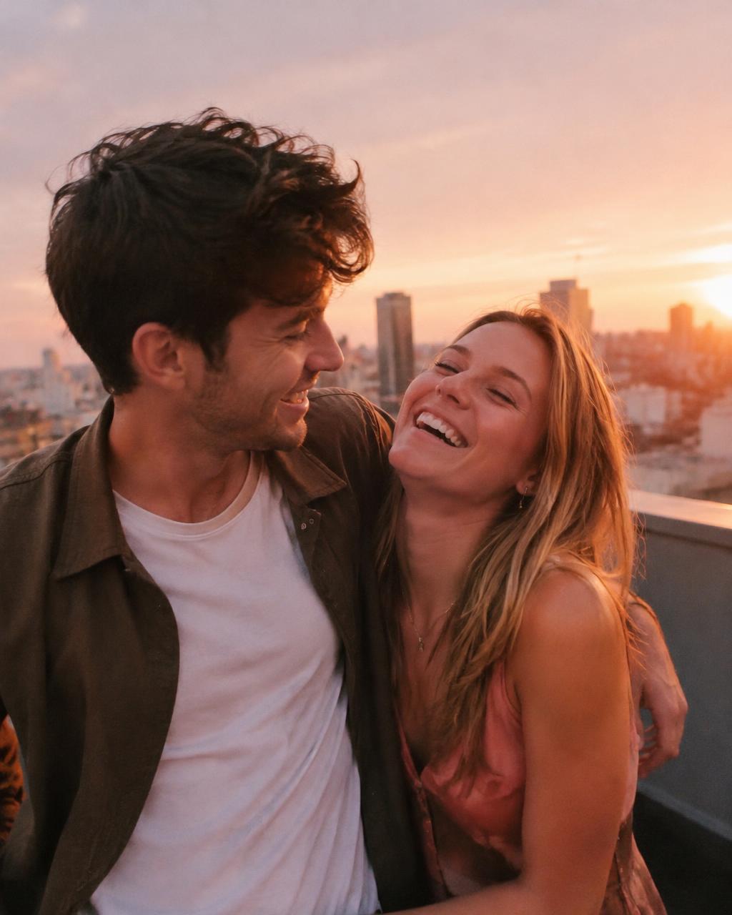 Couple laughing together at sunset